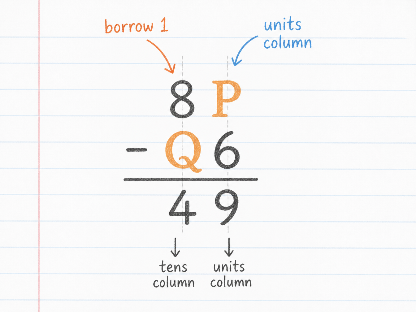 Cryptarithm: 8P − Q6 = 49 with borrow annotations