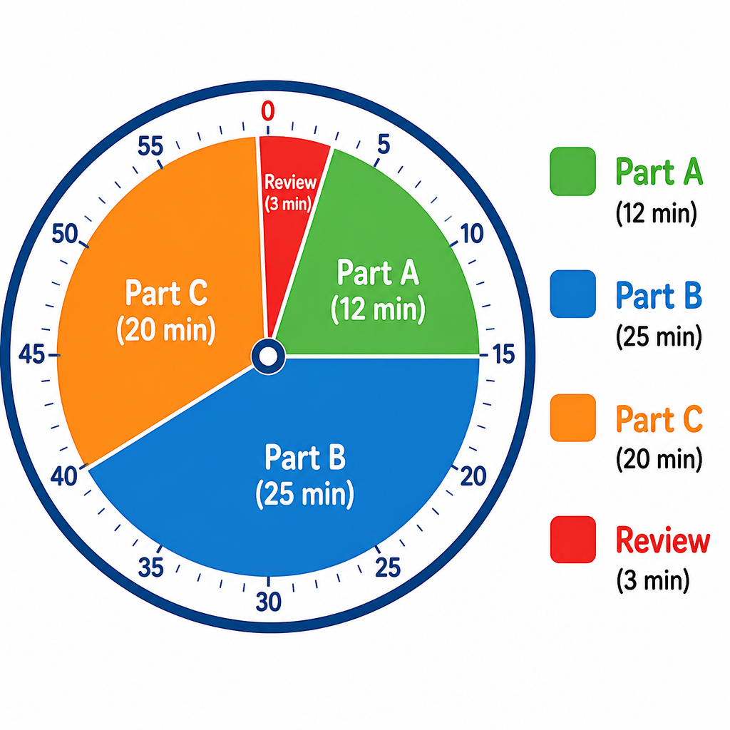 60-minute pacing clock: Part A 12 min, Part B 25 min, Part C 20 min, review 3 min